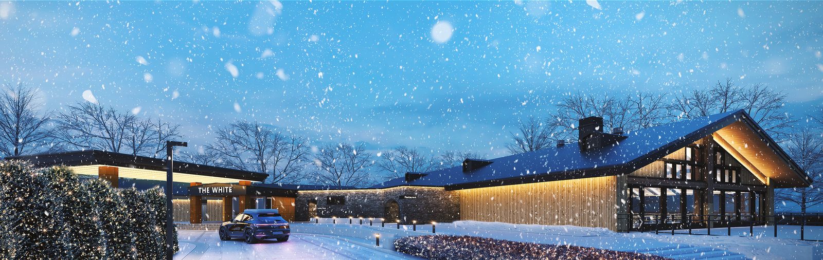 雪景色のロッジ外観